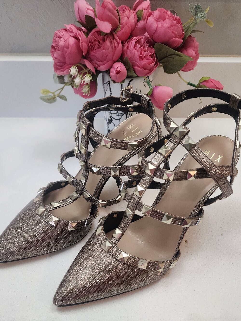 Mix No. 6 Metallic Pewter Studded Strappy Pointed-Toe Heels